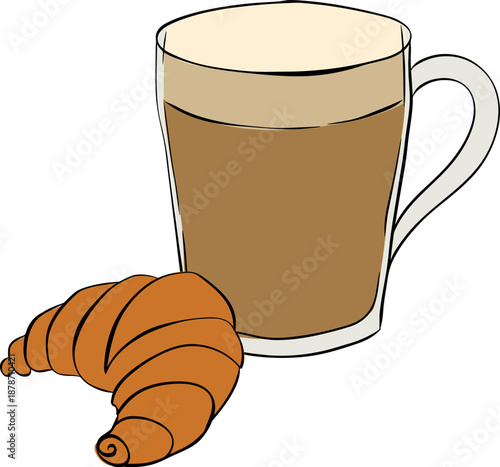A coffee cup with a croissant and coffee beans on a white surface in a close up shot illustration composition hand drawn illustration. Vector graphic line ink colored art.