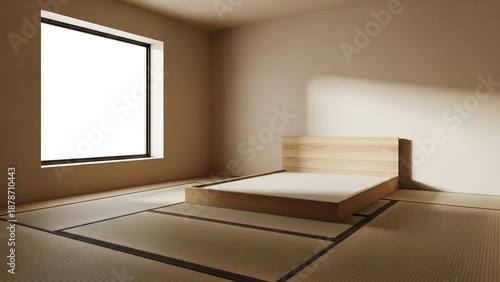 Minimalist Bedroom Interior with Tatami Mats and Wooden Bed Frame.