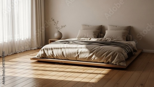 Minimalist Bedroom Interior with Wooden Floor and Natural Light.