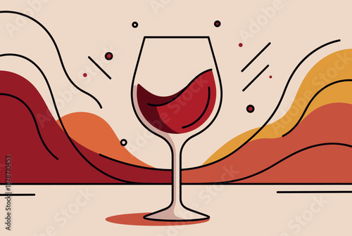 A stylized illustration of a wine glass with red wine, set against an abstract background of flowing lines and organic shapes in warm red and orange tones, with decorative dots.