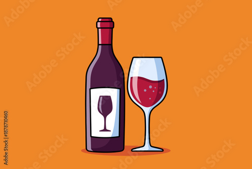 A cartoon illustration of a dark red wine bottle next to a glass filled with red wine on an orange background.