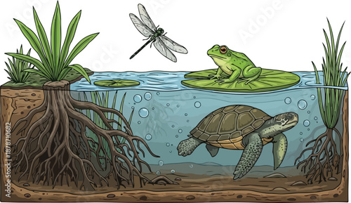Pond ecosystem with frog turtle dragonfly and aquatic plants underwater scene