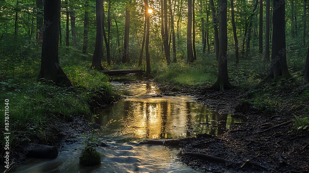Fototapeta premium Sunlight streams through lush forest over tranquil water stream scene