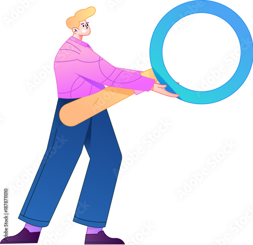 Vector illustration of a person holding a magnifying glass searching, studying, and observing.
