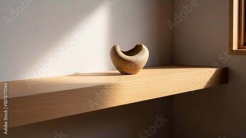 Minimalist wooden sculpture on a shelf bathed in natural sunlight, art.