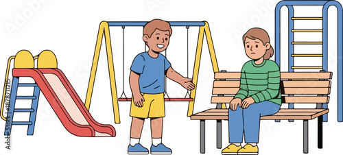 Two children playing on swings and slide in a park with a bench