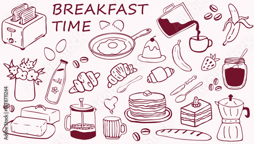 Hand drawn breakfast doodles vector set of food, coffee, croissants, pancakes, toast, fruit, milk, cake, moka pot. Minimalist line art illustration in sketch ink style, La dolce vita italian style