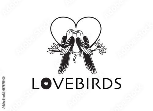 Two Lovebirds Perched on a Branch with Hearts, Romantic Vector Illustration