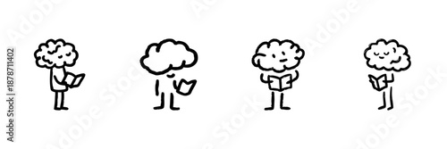 Brain Characters Reading Books Line Icon Set In Doodle Style. Knowledge Acquisition, Learning, And Intellectual Growth Outline Sketch. Educational Concept. Hand Drawn Isolated Vector Illustration