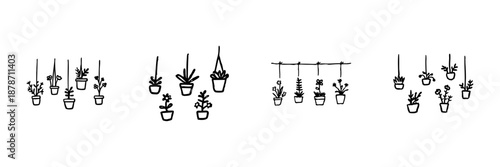 Hanging And Potted Plants Line Icon Set In Doodle Style. Indoor Gardening, Home Decor, And Greenery Outline Sketch Collection. Botanical And Nature Elements. Hand Drawn Isolated Vector Illustration