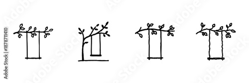 Tree Swing Line Icon Set In Doodle Style. Outdoor Recreation, Childhood Play, And Nature Connection Outline Sketch Collection. Hand Drawn Isolated Vector Illustration