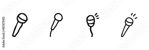 Microphone Line Icon Set In Doodle Style. Audio Recording, Broadcasting, And Public Speaking Outline Sketch Collection. Music And Communication Tools. Hand Drawn Isolated Vector Illustration