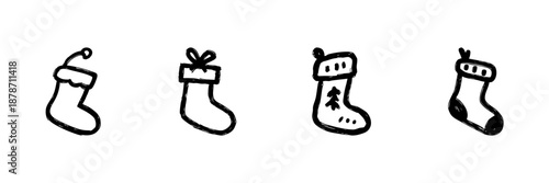 Christmas Stockings Line Icon Set In Doodle Style. Holiday Decoration, Festive Gift Giving, And Seasonal Celebration Outline Sketch Collection. Hand Drawn Isolated Vector Illustration
