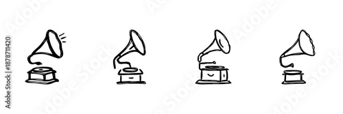 Gramophone Line Icon Set In Doodle Style. Vintage Music Player And Retro Sound Equipment Outline Sketch Collection. Antique Audio Technology. Hand Drawn Isolated Vector Illustration