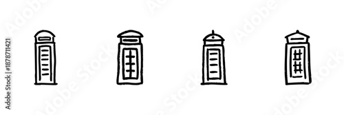 Four Telephone Booths Line Icon Set In Doodle Style. Vintage Communication, Public Phone Booths, And Urban Landmarks Outline Sketch Collection. Hand Drawn Isolated Vector Illustration