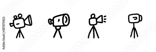 Film Camera And Video Recorder Line Icon Set In Doodle Style. Cinematography, Filmmaking, And Video Production Equipment Outline Sketch Collection. Hand Drawn Isolated Vector Illustration