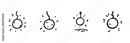 Bomb Explosion Line Icon Set In Doodle Style. Detonation, Danger, And Risk Symbol Outline Sketch Collection. Hand Drawn Isolated Vector Illustration