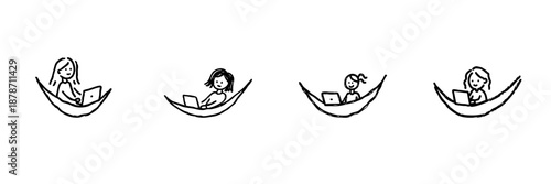People Working On Laptops In Hammocks Line Icon Set In Doodle Style. Remote Work, Relaxed Productivity, And Digital Nomad Lifestyle Outline Sketch Collection. Hand Drawn Isolated Vector Illustration