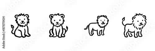 Cute Lion Line Icon Set In Doodle Style. Wildlife, Safari, And Animal Illustration Outline Sketch Collection. Hand Drawn Isolated Vector Illustration