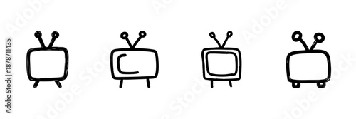 Retro Television Line Icon Set In Doodle Style. Vintage Tv, Broadcasting, And Media Outline Sketch Collection. Classic Entertainment Devices. Hand Drawn Isolated Vector Illustration