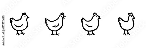 Four Chicken Line Icons In Doodle Style. Farm Animal, Poultry, And Agriculture Symbol Outline Sketch Collection. Rustic And Whimsical Design. Hand Drawn Isolated Vector Illustration