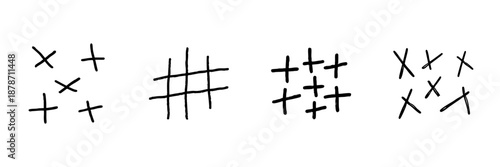 Cross And Hash Line Icon Set In Doodle Style. Symbolic Representation Of Marks, Tally, And Counting Outline Sketch Collection. Hand Drawn Isolated Vector Illustration