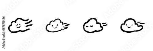 Cute Cloud Faces Line Icon Set In Doodle Style. Weather, Emotions, And Atmospheric Expressions Outline Sketch Collection. Hand Drawn Isolated Vector Illustration