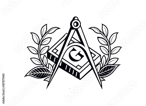Masonic Square and Compasses Symbol with Letter G, Holy Book, and Laurel Wreath Vector Illustration