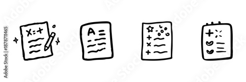 Mathematics And Academic Papers Line Icon Set In Doodle Style. Educational Assessment And Learning Tools Outline Sketch Collection. Hand Drawn Isolated Vector Illustration