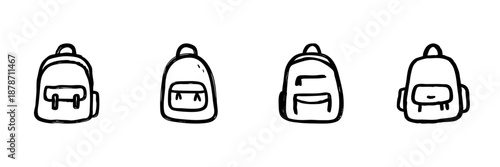 Backpack Line Icon Set In Doodle Style. School, Travel, And Outdoor Gear Outline Sketch Collection. Hand Drawn Isolated Vector Illustration