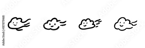 Smiling Cloud Faces Line Icon Set In Doodle Style. Playful Weather, Happiness, And Positivity Outline Sketch Collection. Hand Drawn Isolated Vector Illustration