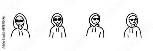 Hooded Figures With Sunglasses Line Icon Set In Doodle Style. Casual Fashion, Mystery, And Anonymity Outline Sketch Collection. Hand Drawn Isolated Vector Illustration