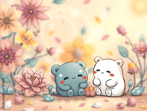 Wallpaper Mural simple illustration of stylized cute characters in cozy scene against soft focus colorful flowery background with swirling patterns and gentle petals in pastel of pink yellow and blue Torontodigital.ca