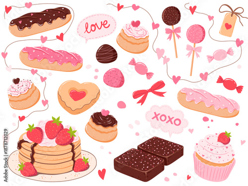 Valentine’s Day Cute Desserts and Sweets. Vector Flat Illustration Set