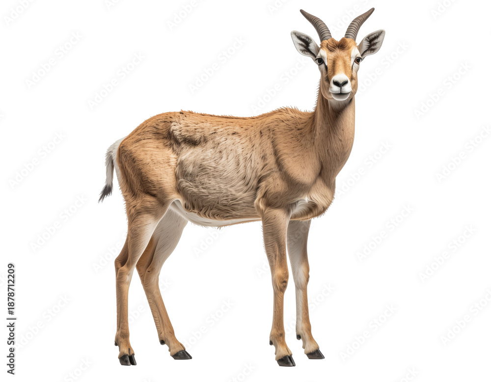 Fototapeta premium Grazing gazelle with tan smooth fur and slender legs standing alertly in white studio background