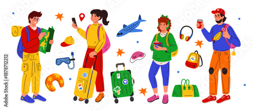 Travel sticker. Character on vacation. Journey suitcase. Airport plane luggage. Holiday doodle person. Retro adventure and tour. Vector elements tidy cartoon flat style isolated tourism illustration