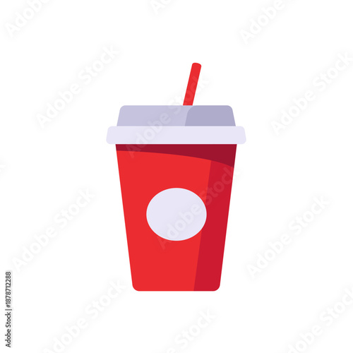 Takeaway red soda cup with straw drink, colorful vector flat illustration