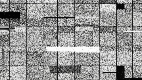Abstract monochromatic grid pattern with rectangular and linear shapes displaying a textured static like visual composition