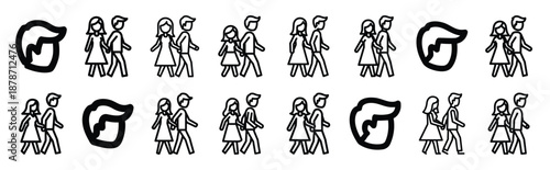 valentines day love couple walking line art icon set. Simple outline collection for valentines day.
