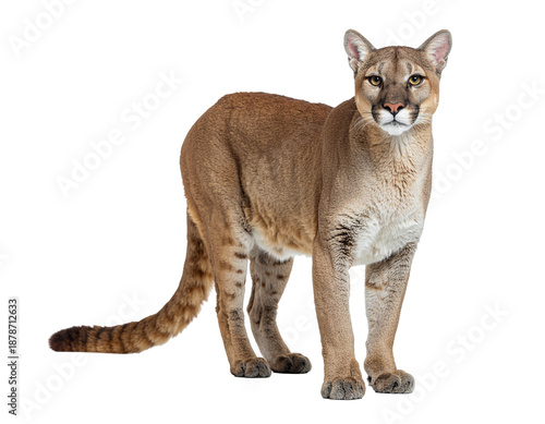 Puma woman-like cougar standing alert with tawny fur and striped tail