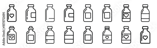valentines day love message bottle line art icon set. Simple outline collection for valentines day.