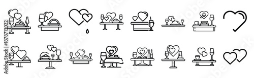 valentines day love romantic dinner line art icon set. Simple outline collection for valentines day.
