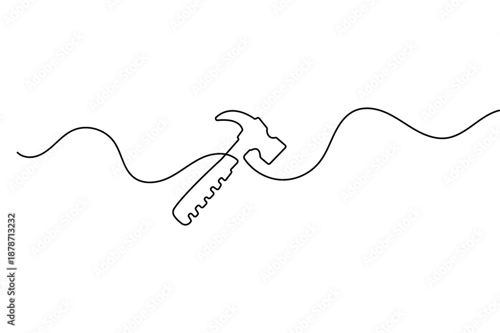 Obraz premium Single line drawing of a hammer tool icon in minimalist style for construction and repair design