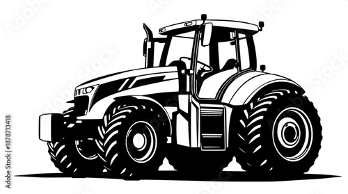 Modern tractor silhouette illustration in a precise side profile view, created with bold black ink vector lines, set against a minimal and clean background that allows the tractor's sleek design to ta