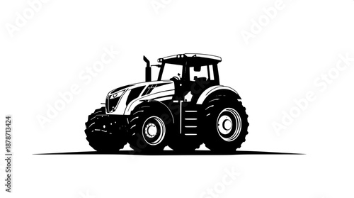 Modern tractor silhouette illustration in a precise side profile view, created with bold black ink vector lines, set against a minimal and clean background that allows the tractor's sleek design to ta