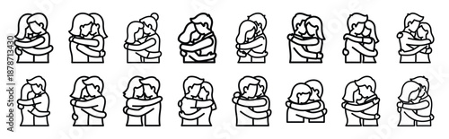 valentines day romantic couple hug line art icon set. Simple outline collection for valentines day.