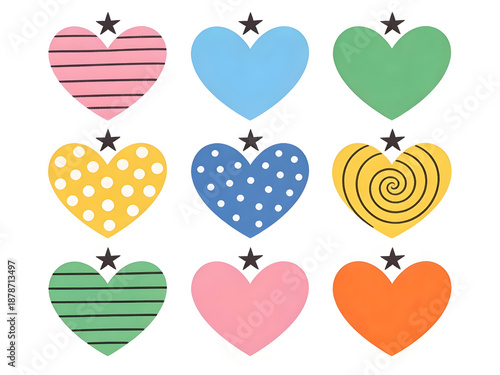 Colorful hearts and stars with unique patterns
