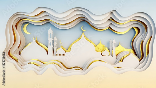 Golden Crescent Mosques in Paper Art, Cultural Showcase, Serene Environment, Artistic Viewpoint