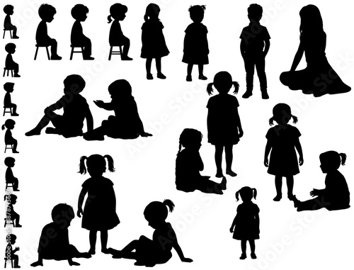 A collection of black silhouette child icons on a white background
