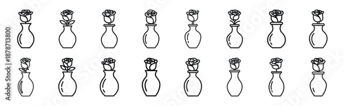 valentines day romantic rose vase line art icon set. Simple outline collection for valentines day.